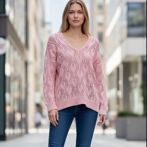 Dokotoo Women’s Long Sleeve V Neck Crochet Pink Sweater